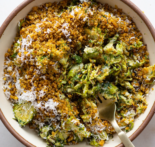Brussels Sprout Salad with Anchovy Tahini & Za’atar Chickpeas