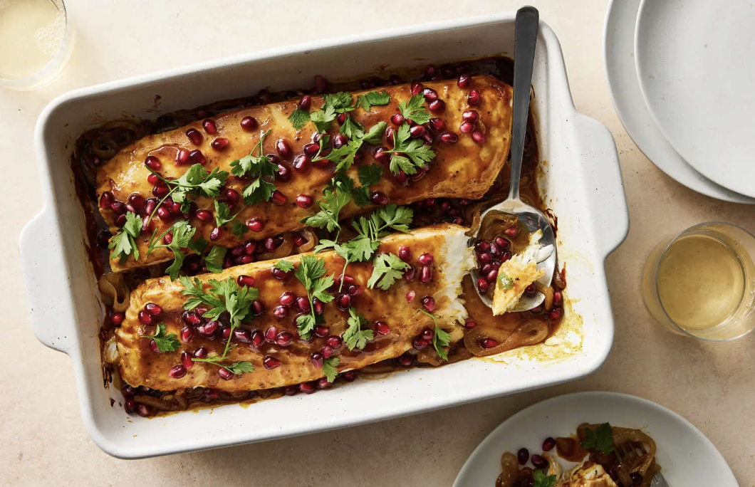 Pomegranate-Glazed Sumac White Fish with Caramelized Onions