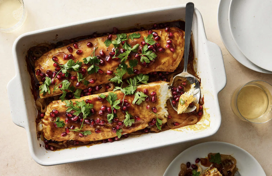 Pomegranate-Glazed Sumac White Fish with Caramelized Onions